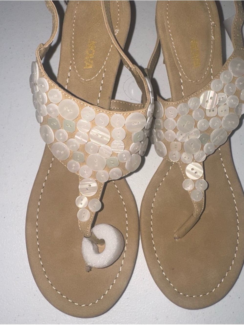 Fashion Nova Nude Beaded T-Strap Sandals